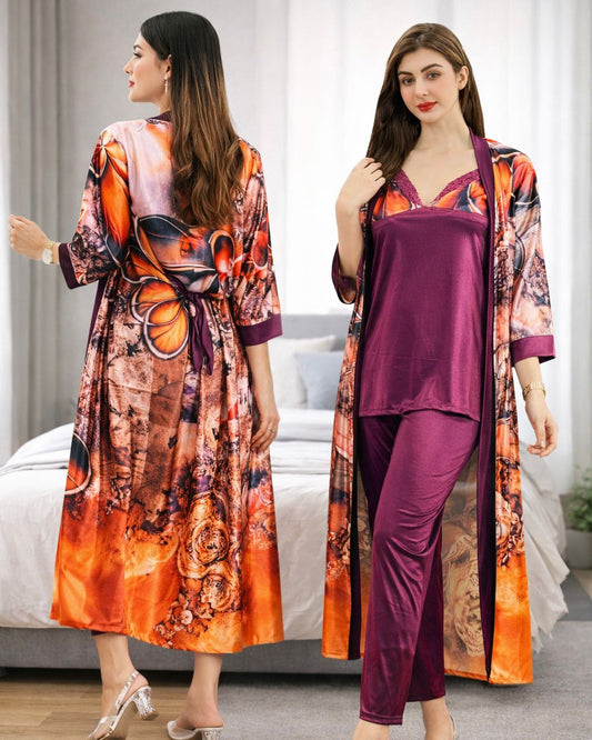 Orange Digital Print 3 Piece Nighty Set | Full Sleeve Lounge Wear Gown Pajama Set – FREE Size | Premium Sleepwear USA