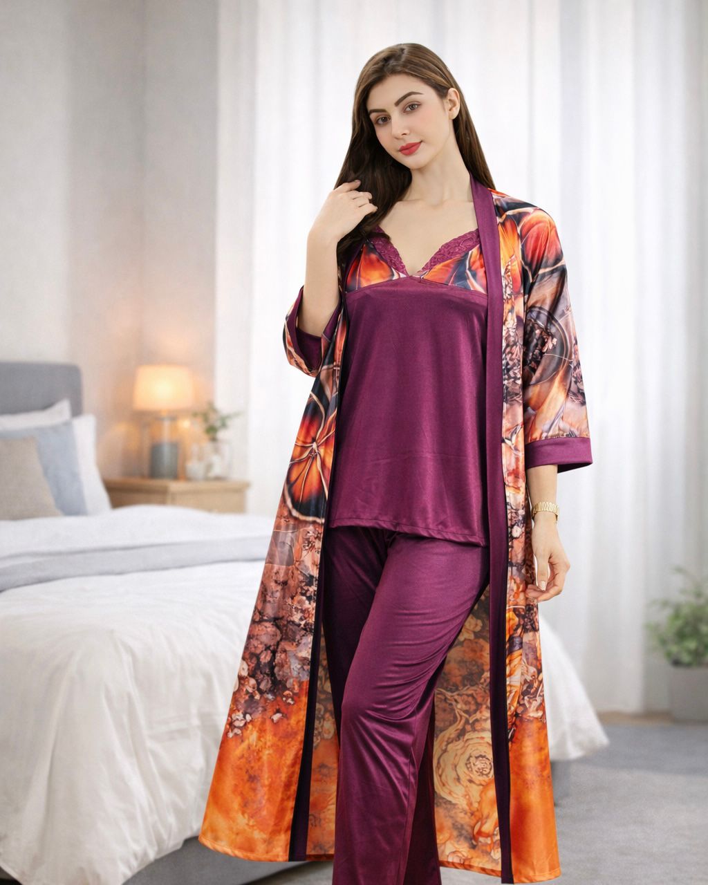 Orange Digital Print 3 Piece Nighty Set | Full Sleeve Lounge Wear Gown Pajama Set – FREE Size | Premium Sleepwear USA