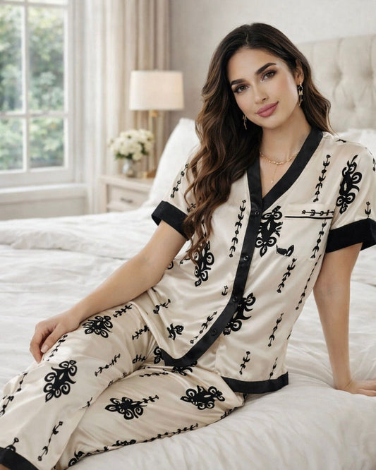 Black & White Classic Print 4 Piece Pajama Set – Half Sleeve - Women Premium Sleepwear L XL XXL USA