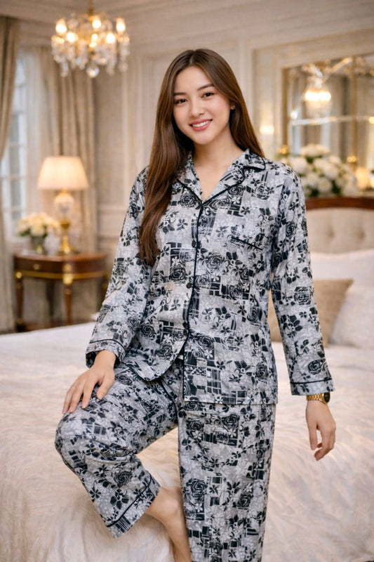 Black White Geometric Floral 3D Digital Print Full Sleeve Pajama Set – Women Premium PJ Sleepwear XL XXL (USA)