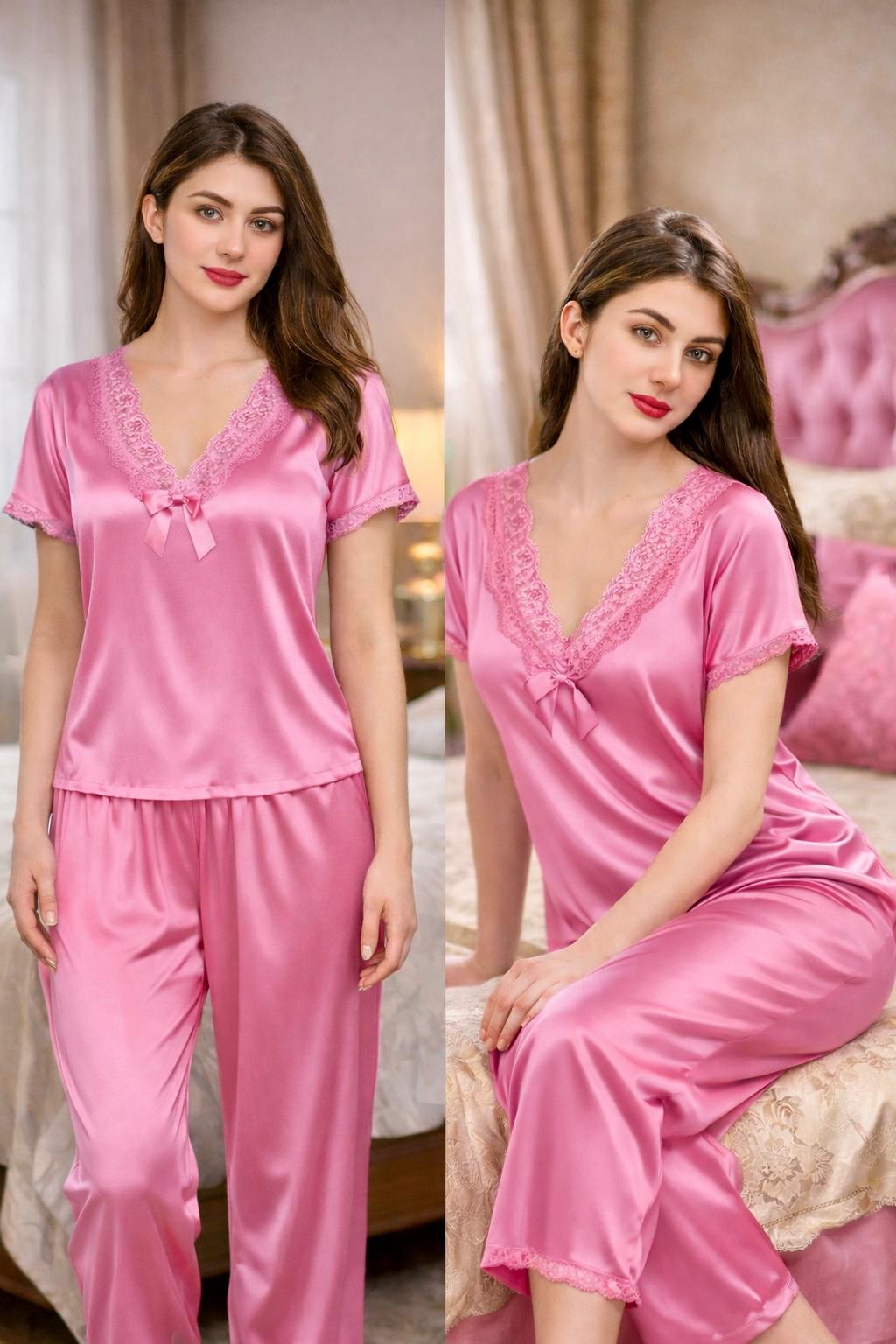 Premium Blush Pink Satin 7-Part Nightwear Set – Luxury Free Size Nighty (32-48) with Inner Top, Pants & Robe (USA)