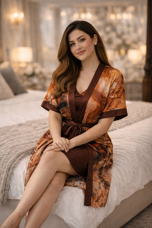 Premium Cocoa Brown Floral Digital Print 2-Piece Nightgown Set with Inner Slip & Belted Robe – Free Size Luxury Women Sleepwear (USA)