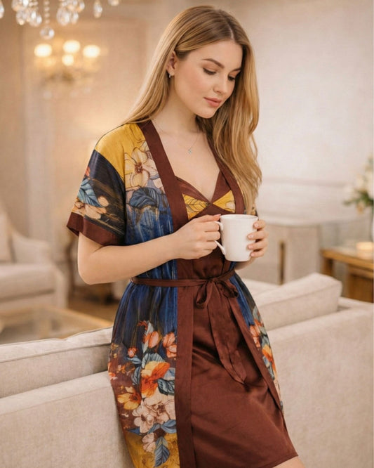 Premium Coffee Brown Floral Digital Print 2-Piece Nightgown Set with Inner Top & Belted Robe – Free Size (USA)