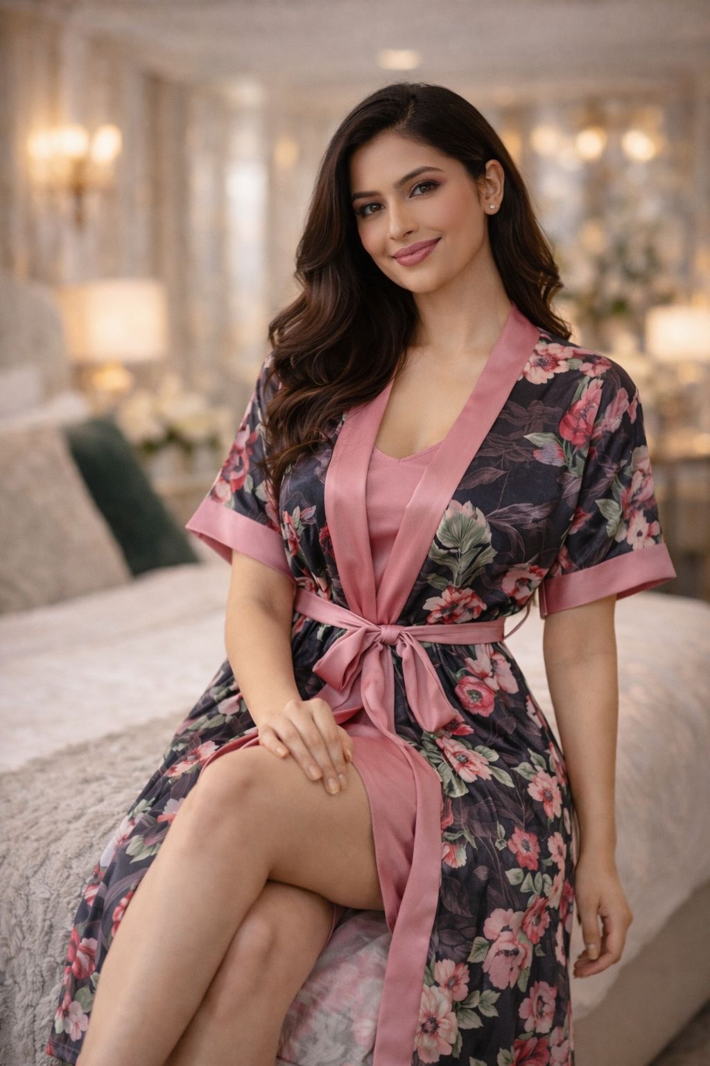 Premium Dusty Rose Floral Digital Print 2-Piece Nightgown Set with Inner Slip & Belted Robe – Free Size Luxury Women Sleepwear (USA)