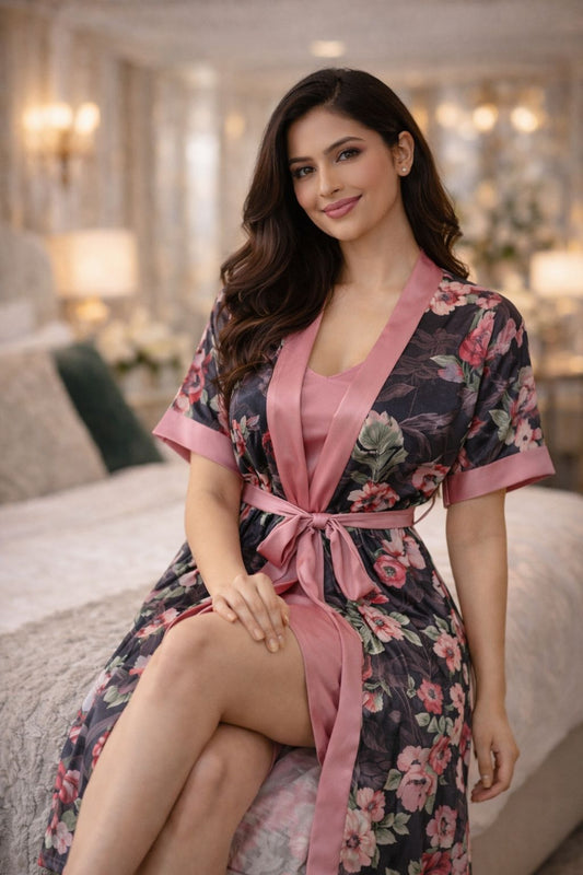 Premium Dusty Rose Floral Digital Print 2-Piece Nightgown Set with Inner Slip & Belted Robe – Free Size Luxury Women Sleepwear (USA)