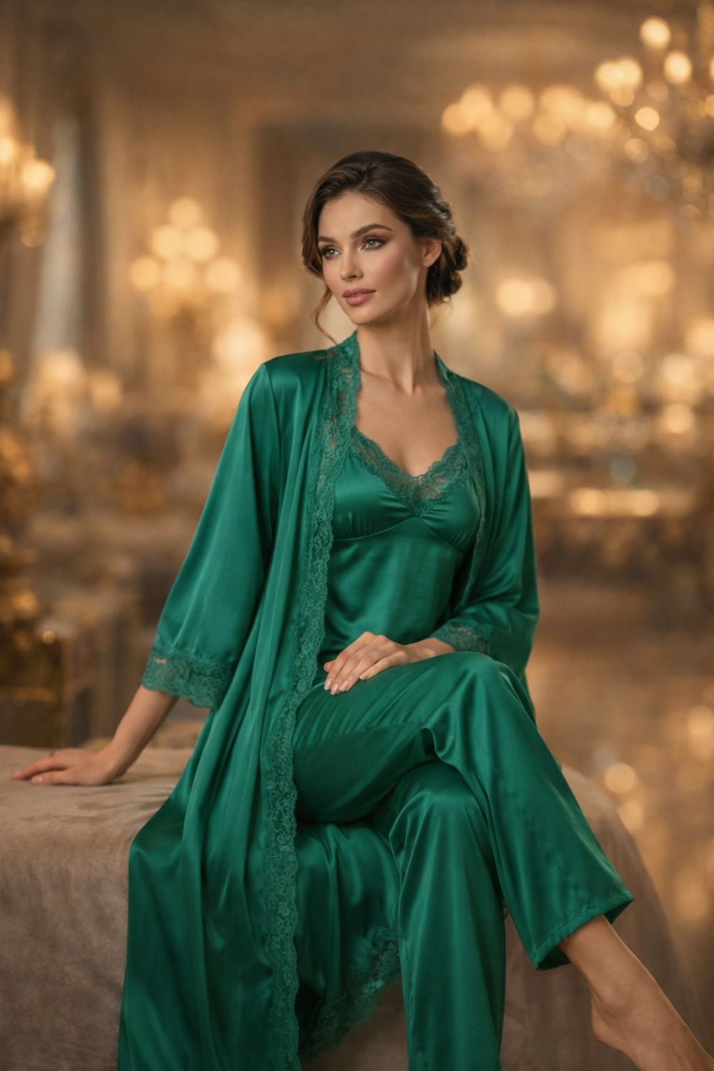 Premium Emerald Green 5-Part Nightwear Set – Luxury Floral Free Size Nighty (32-48) with Inner Top, Robe & Pants (USA)