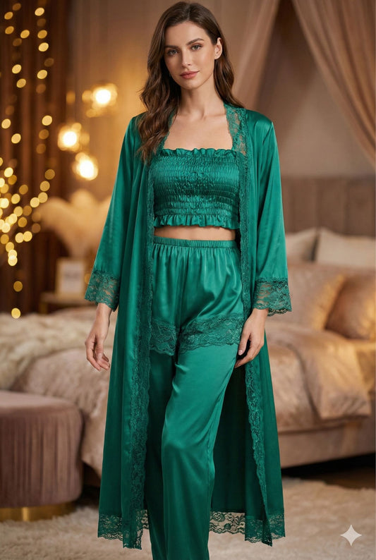 Premium Emerald Green 5-Part Nightwear Set – Luxury Floral Free Size Nighty (32-48) with Inner Top, Robe & Pants (USA)