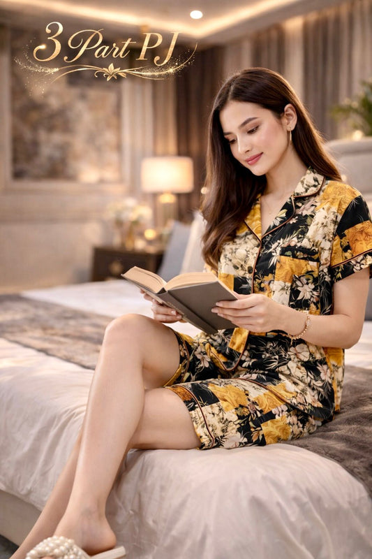 Gold Black Patchwork – 3 Part Digital Print Shirt Pant PJ Set – Women Premium Sleepwear XL XXL