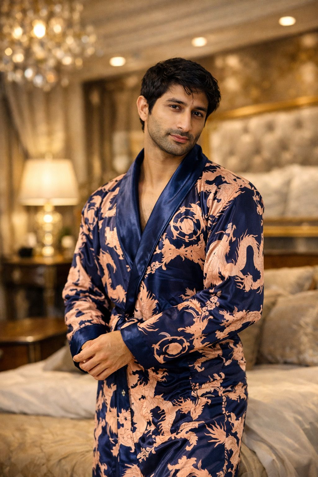 Dragon Print Men’s Luxury Homewear Gown Set – Premium Gents Nightwear (Free Size)
