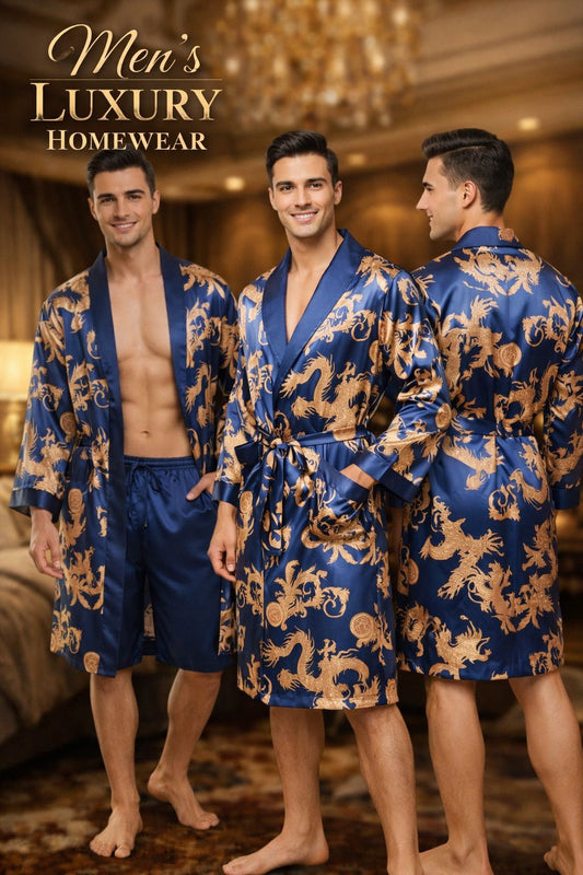 Dragon Print Men’s Luxury Homewear Gown Set – Premium Gents Nightwear (Free Size)