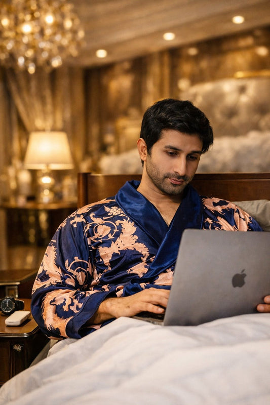 Dragon Print Men’s Luxury Homewear Gown Set – Premium Gents Nightwear (Free Size)