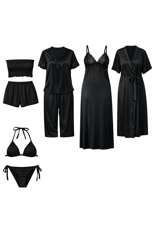 Premium Midnight Black Satin 7-Part Nightwear Set – Luxury Free Size Nighty (32-48) with Inner Top, Pants & Robe (USA)