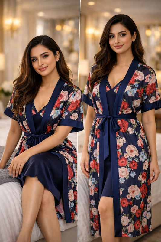 Premium Midnight Navy Floral Digital Print 2-Piece Nightgown Set with Inner Slip & Belted Robe – Free Size Luxury Women Sleepwear (USA)