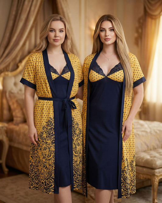 Premium Navy Gold Polka Dot Digital Print 2-Piece Nightgown Set with Inner Slip & Belted Robe – Free Size Luxury Women Sleepwear (USA)