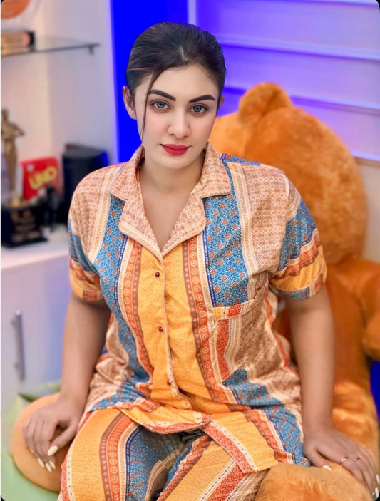 Orange Blue Vintage Stripe Floral Digital Print Half Sleeve Shirt Pant PJ Set – Women Premium Sleepwear XL XXL USA