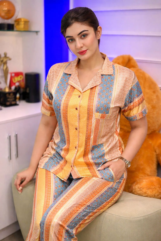 Orange Blue Vintage Stripe Floral Digital Print Half Sleeve Shirt Pant PJ Set – Women Premium Sleepwear XL XXL USA