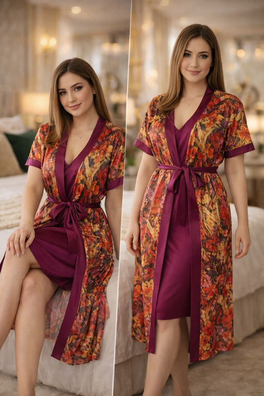 Premium Plum Wine Floral Digital Print 2-Piece Nightgown Set with Inner Slip & Belted Robe – Free Size Luxury Women Sleepwear (USA)