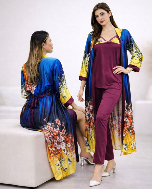 Premium Purple Digital Print 3-Piece Full Sleeve Nighty Set – Elegant Women’s Sleepwear & Lounge Wear