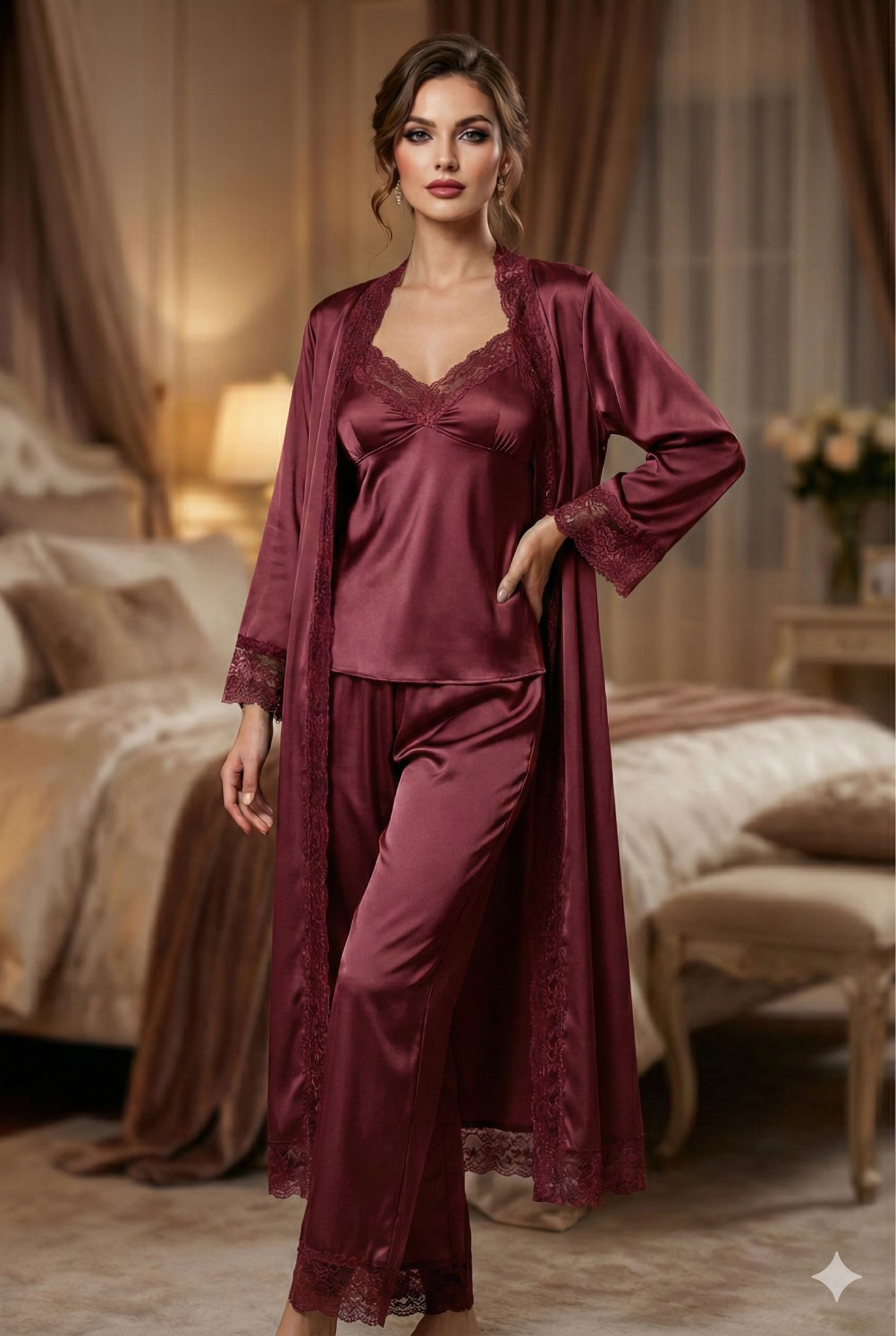 Premium Satin 5-Part Ruby Red & Burgundy Maroon Nightwear Set – Luxury Free Size Nighty (32-48) with Inner Top, Robe & Pants (USA)