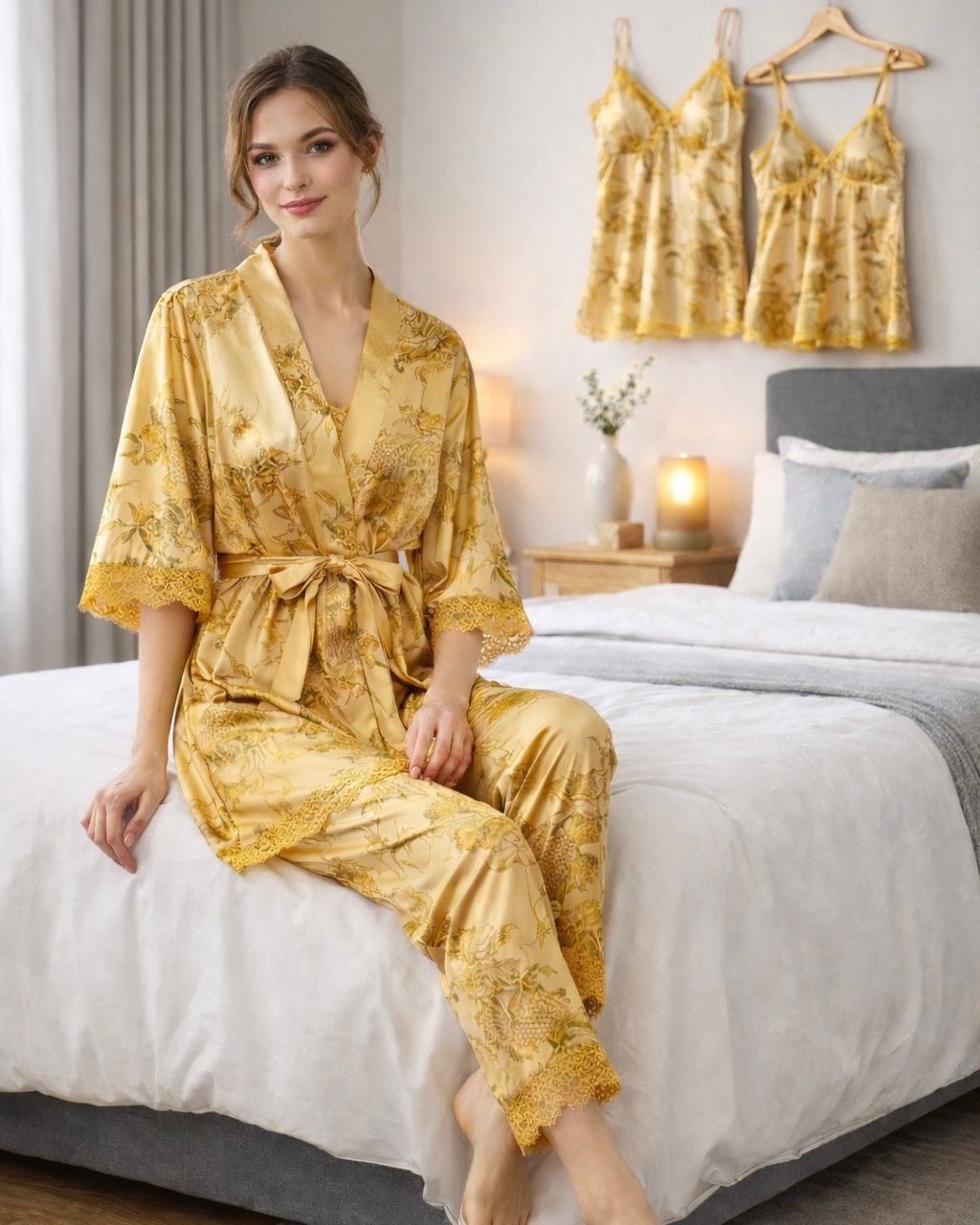 Yellow Digital Print 5 Piece Nightwear Set – Premium Women Sleepwear & Loungewear (USA)