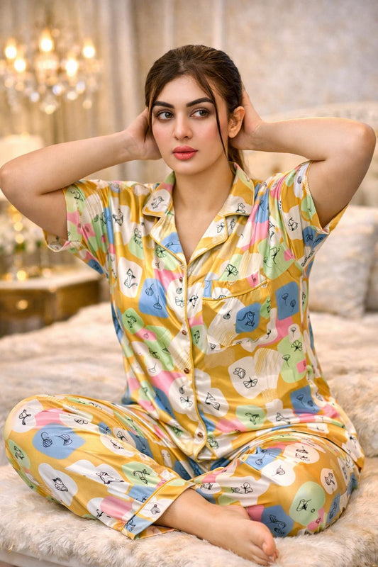 Yellow Multi Cartoon Graphic Digital Print Half Sleeve Shirt Pant PJ Set – Women Premium Sleepwear XL XXL USA