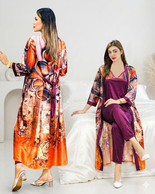 Orange Digital Print 3 Piece Nighty Set | Full Sleeve Lounge Wear Gown Pajama Set – FREE Size | Premium Sleepwear USA