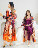 Orange Digital Print 3 Piece Nighty Set | Full Sleeve Lounge Wear Gown Pajama Set – FREE Size | Premium Sleepwear USA