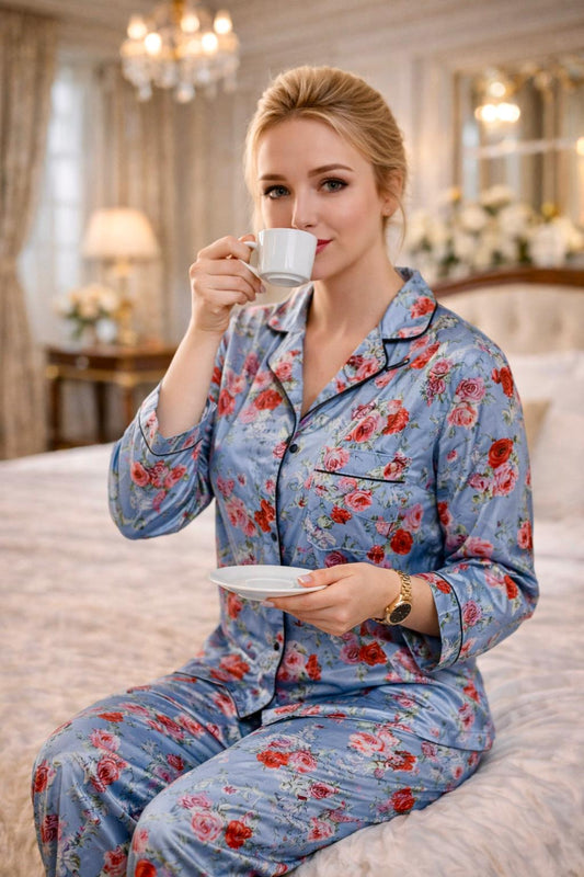 Blue Floral 3D Digital Print Full Sleeve PJ Set – Premium Women Pajama Sleepwear (XL–XXL) USA