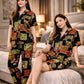 Black Multi Patchwork – 3 Part Digital Print PJ Set – Women Premium Sleepwear XL XXL