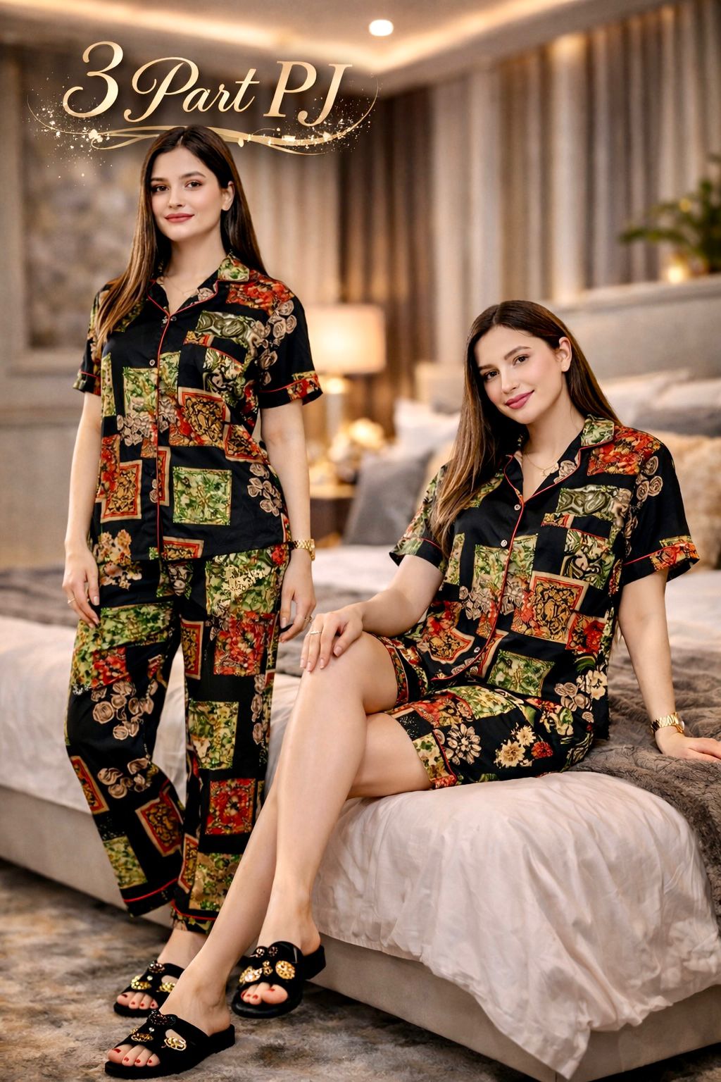 Black Multi Patchwork – 3 Part Digital Print PJ Set – Women Premium Sleepwear XL XXL