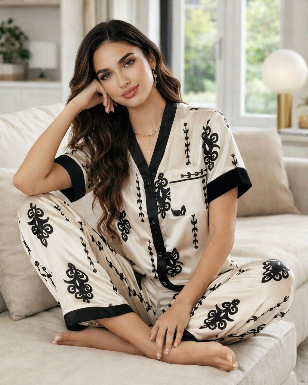 Black & White Classic Print 4 Piece Pajama Set – Half Sleeve - Women Premium Sleepwear L XL XXL USA