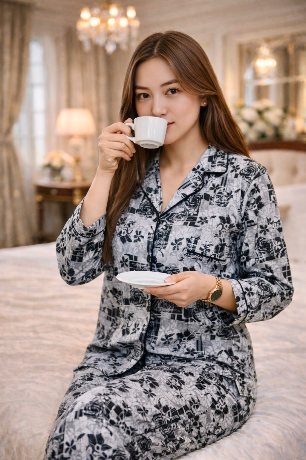 Black White Geometric Floral 3D Digital Print Full Sleeve Pajama Set – Women Premium PJ Sleepwear XL XXL (USA)