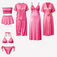 Premium Blush Pink Satin 7-Part Nightwear Set – Luxury Free Size Nighty (32-48) with Inner Top, Pants & Robe (USA)