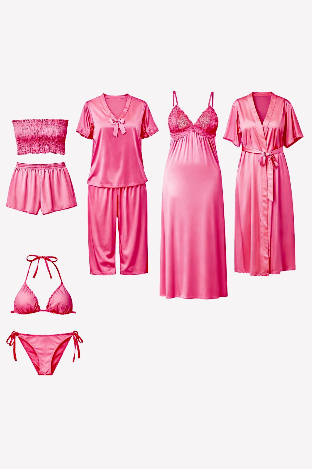 Premium Blush Pink Satin 7-Part Nightwear Set – Luxury Free Size Nighty (32-48) with Inner Top, Pants & Robe (USA)