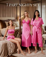 Premium Blush Pink Satin 7-Part Nightwear Set – Luxury Free Size Nighty (32-48) with Inner Top, Pants & Robe (USA)