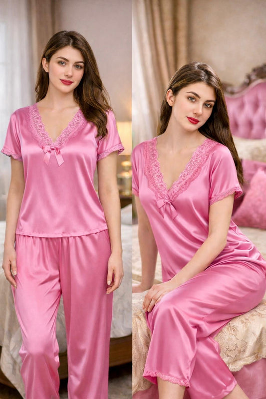 Premium Blush Pink Satin 7-Part Nightwear Set – Luxury Free Size Nighty (32-48) with Inner Top, Pants & Robe (USA)