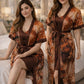 Premium Cocoa Brown Floral Digital Print 2-Piece Nightgown Set with Inner Slip & Belted Robe – Free Size Luxury Women Sleepwear (USA)