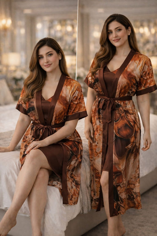 Premium Cocoa Brown Floral Digital Print 2-Piece Nightgown Set with Inner Slip & Belted Robe – Free Size Luxury Women Sleepwear (USA)