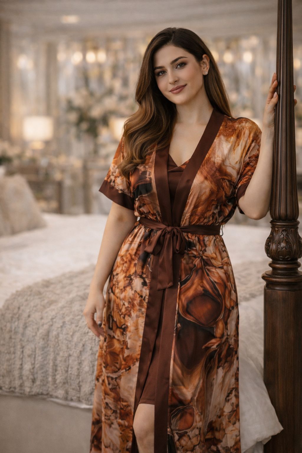 Premium Cocoa Brown Floral Digital Print 2-Piece Nightgown Set with Inner Slip & Belted Robe – Free Size Luxury Women Sleepwear (USA)