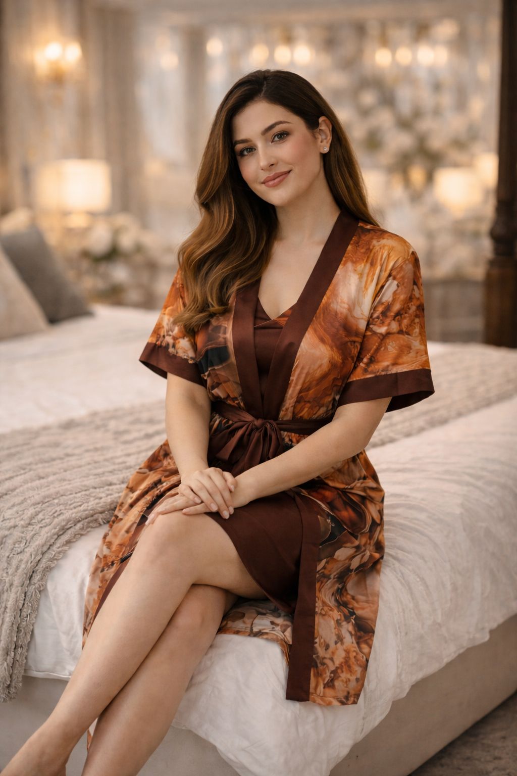 Premium Cocoa Brown Floral Digital Print 2-Piece Nightgown Set with Inner Slip & Belted Robe – Free Size Luxury Women Sleepwear (USA)