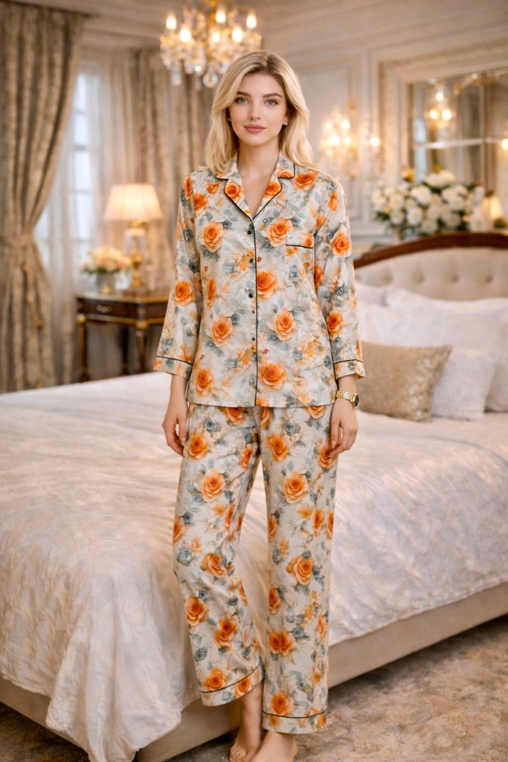 Cream Orange Rose Floral 3D Digital Print Full Sleeve Pajama Set – Women Premium PJ Sleepwear XL XXL (USA)