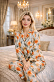Cream Orange Rose Floral 3D Digital Print Full Sleeve Pajama Set – Women Premium PJ Sleepwear XL XXL (USA)