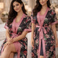 Premium Dusty Rose Floral Digital Print 2-Piece Nightgown Set with Inner Slip & Belted Robe – Free Size Luxury Women Sleepwear (USA)