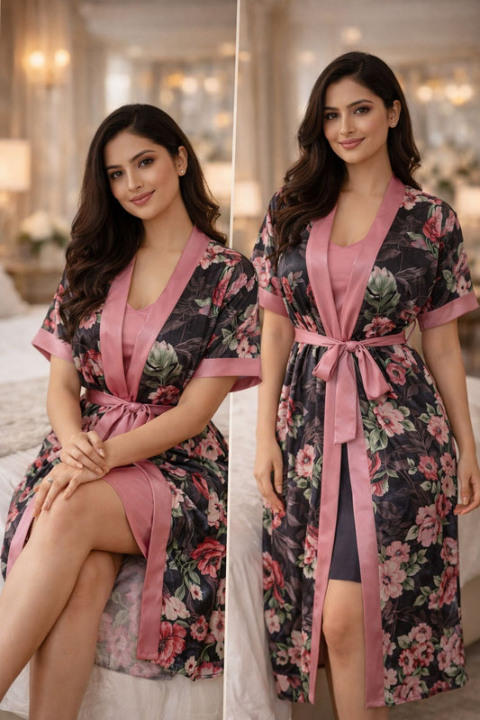 Premium Dusty Rose Floral Digital Print 2-Piece Nightgown Set with Inner Slip & Belted Robe – Free Size Luxury Women Sleepwear (USA)