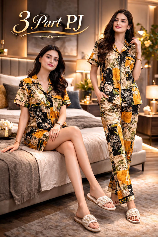 Gold Black Patchwork – 3 Part Digital Print Shirt Pant PJ Set – Women Premium Sleepwear XL XXL