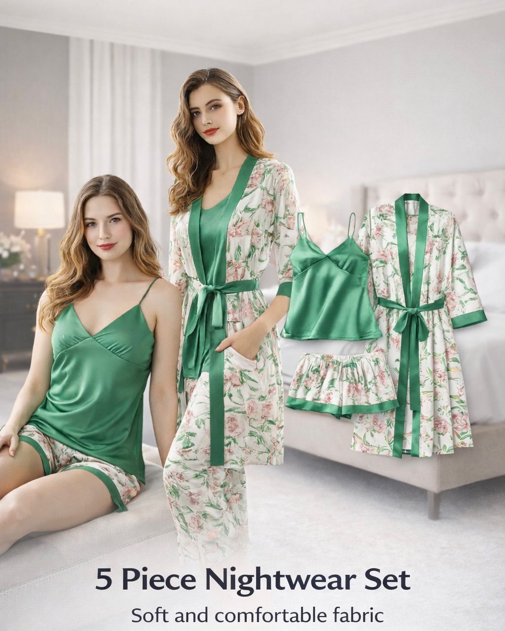 Green Digital Print 5 Piece Nightwear Set – Premium Women Sleepwear | FREE shipping over USA