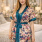 Premium Ivory Teal Floral Digital Print 2-Piece Nightgown Set with Inner Slip & Belted Robe – Free Size Luxury Women Sleepwear (USA)