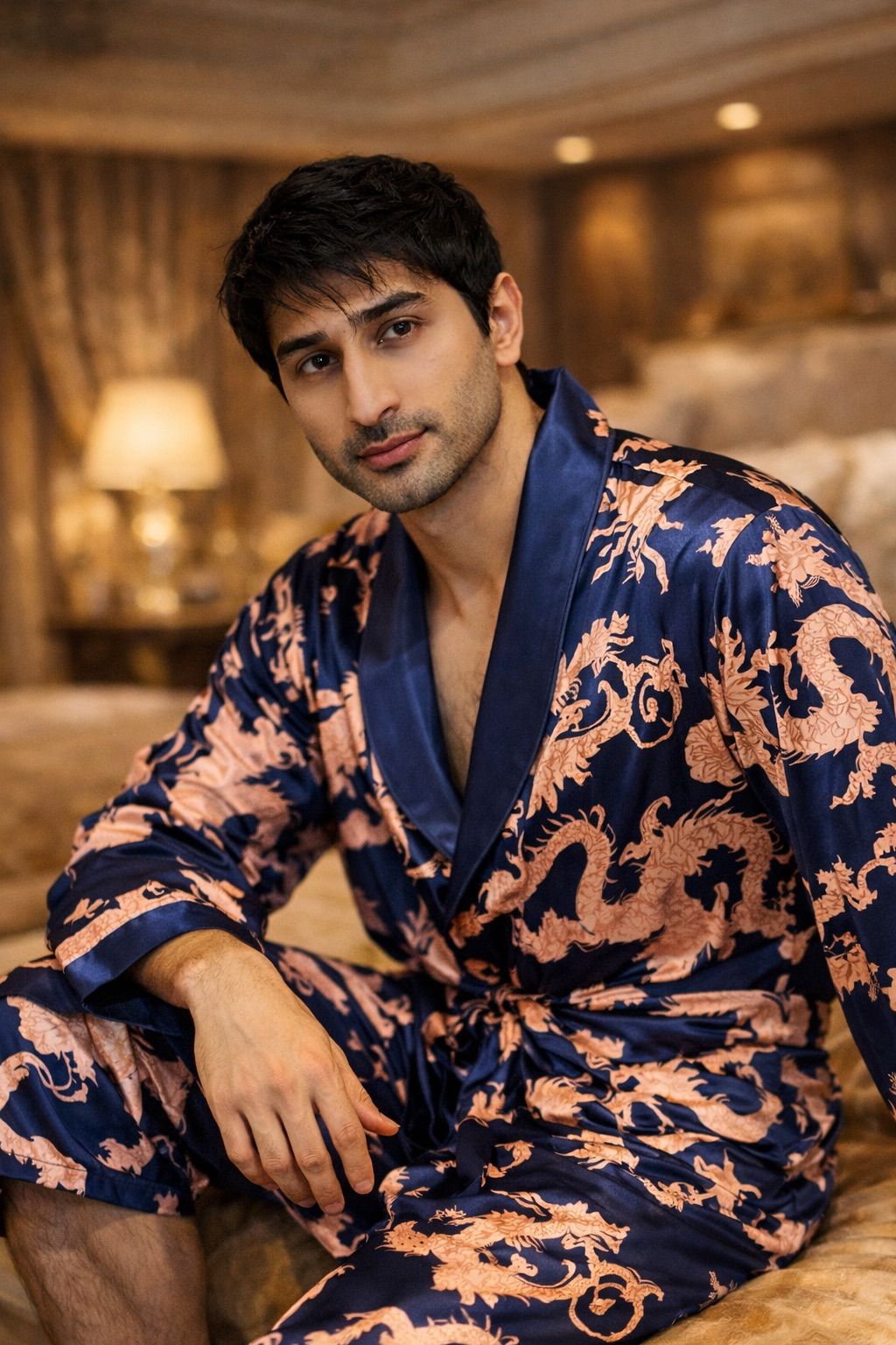Dragon Print Men’s Luxury Homewear Gown Set – Premium Gents Nightwear (Free Size)