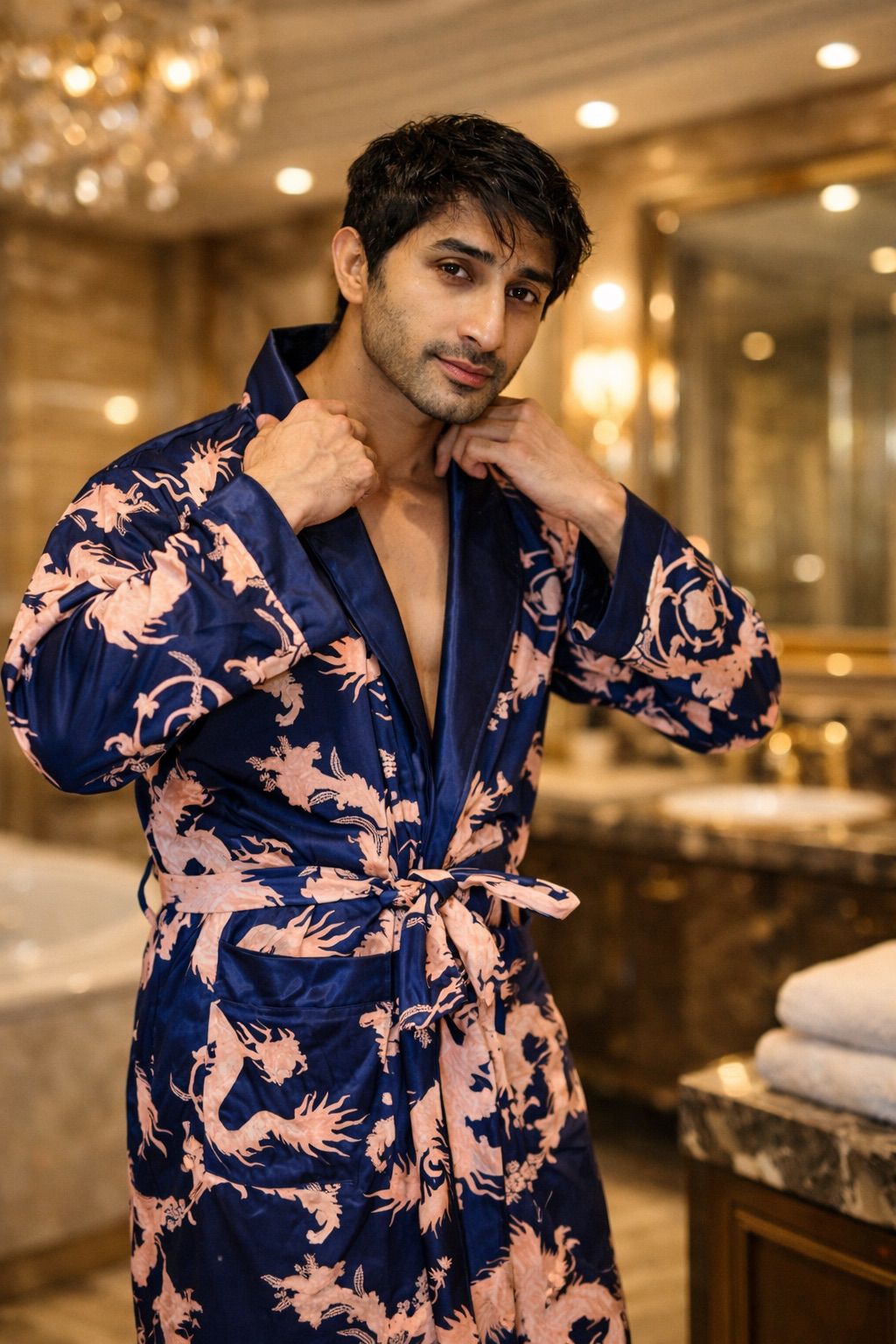 Dragon Print Men’s Luxury Homewear Gown Set – Premium Gents Nightwear (Free Size)