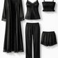 Premium Midnight Black Satin 5-Part Nightwear Set – Luxury Free Size Nighty (32-48) with Inner Top, Robe & Pants (USA)